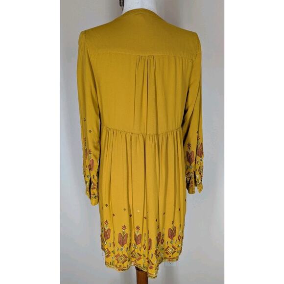 Womens S Boho Long Sleeve Dress Embroidered V Neck Gold Mustard Yellow Hippie - Picture 5 of 14